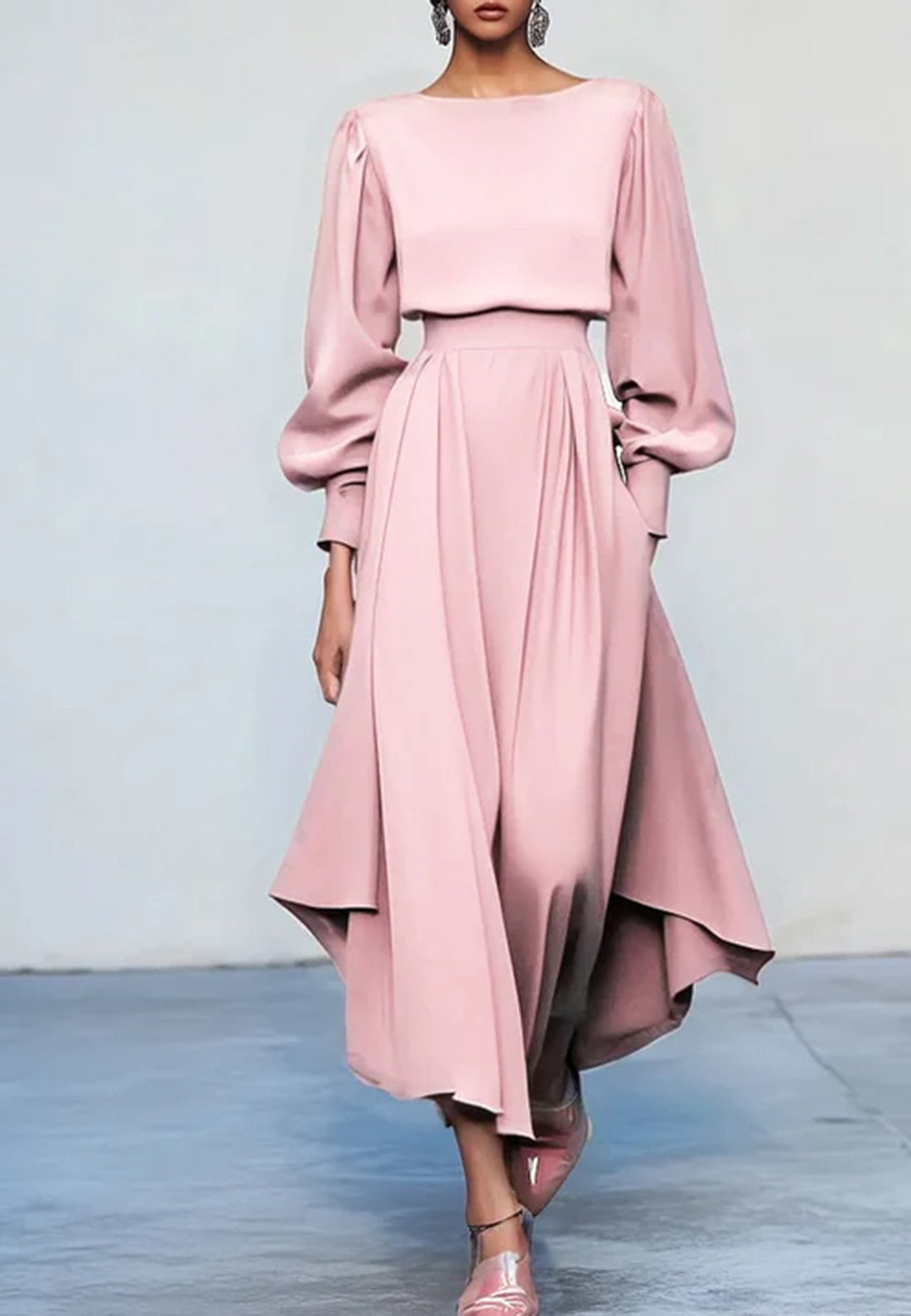 Pink Asymmetric Boat Neck Long Balloon Sleeve A-Line Midi Dress