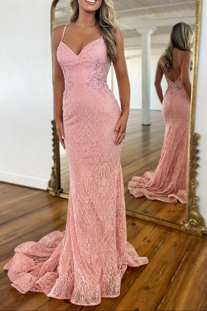 Pink Mermaid Spaghetti Straps Backless Long Lace Prom Dress
