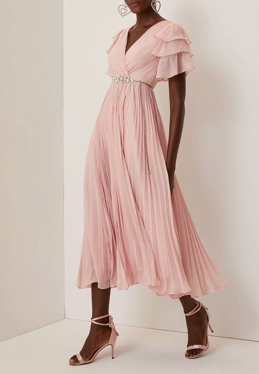 Pink Pleated Rhinestone Chiffon V Neck Short Sleeve Ruffle Sleeve A-Line Maxi Dress