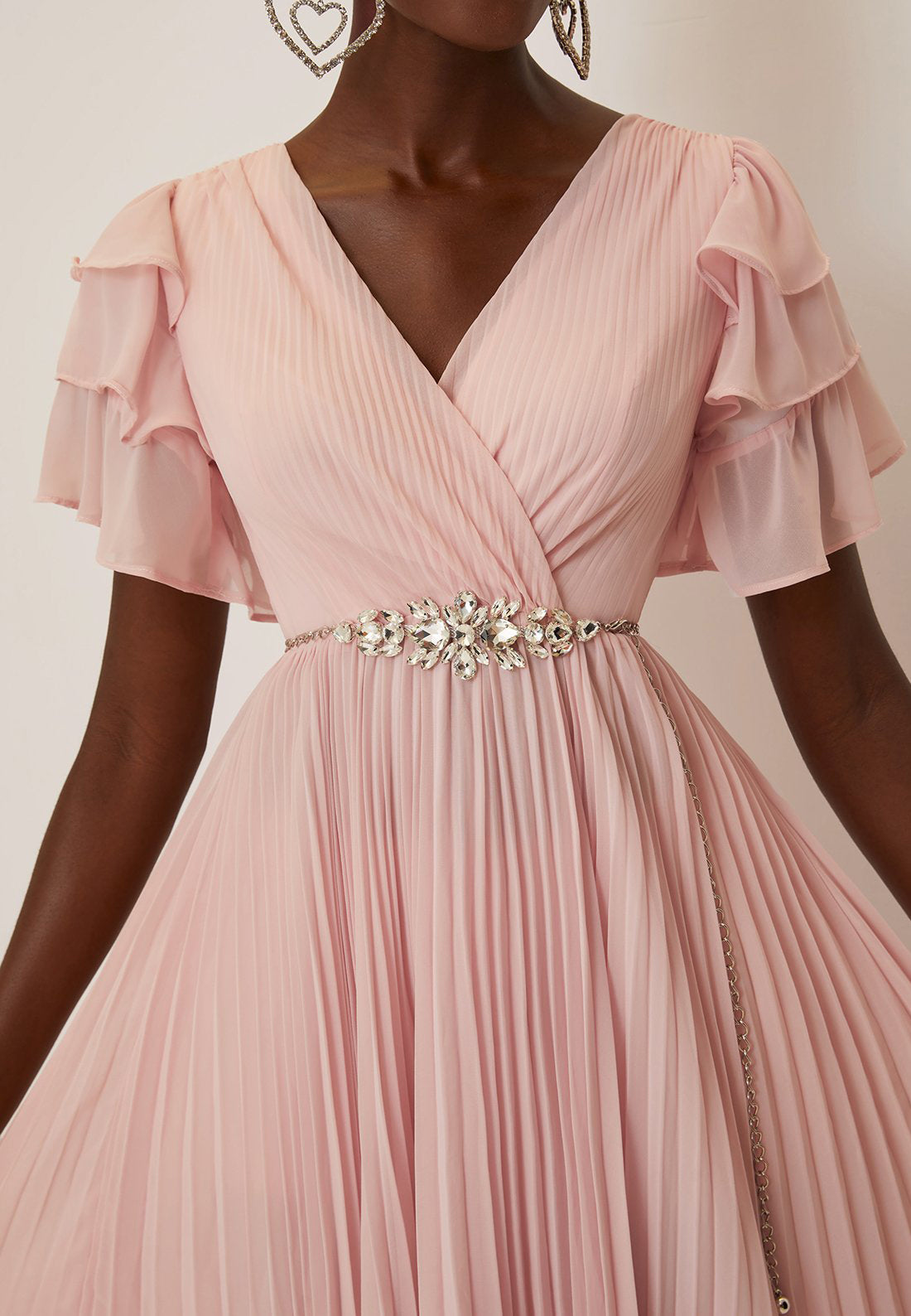 Pink Pleated Rhinestone Chiffon V Neck Short Sleeve Ruffle Sleeve A-Line Maxi Dress