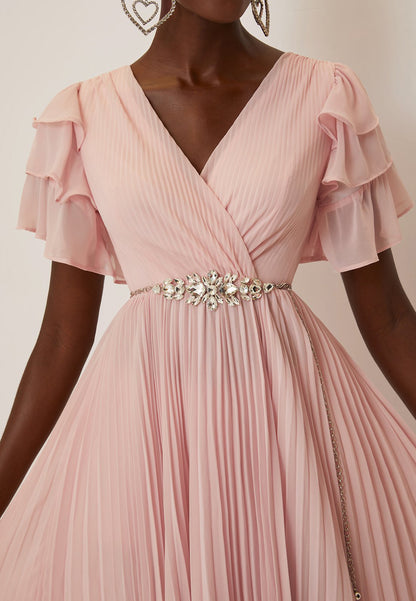 Pink Pleated Rhinestone Chiffon V Neck Short Sleeve Ruffle Sleeve A-Line Maxi Dress