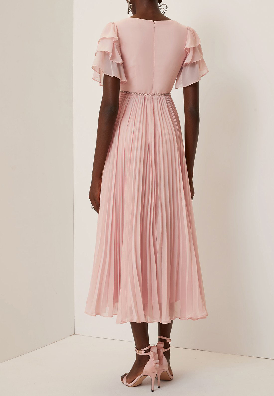 Pink Pleated Rhinestone Chiffon V Neck Short Sleeve Ruffle Sleeve A-Line Maxi Dress