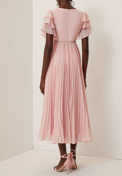 Pink Pleated Rhinestone Chiffon V Neck Short Sleeve Ruffle Sleeve A-Line Maxi Dress