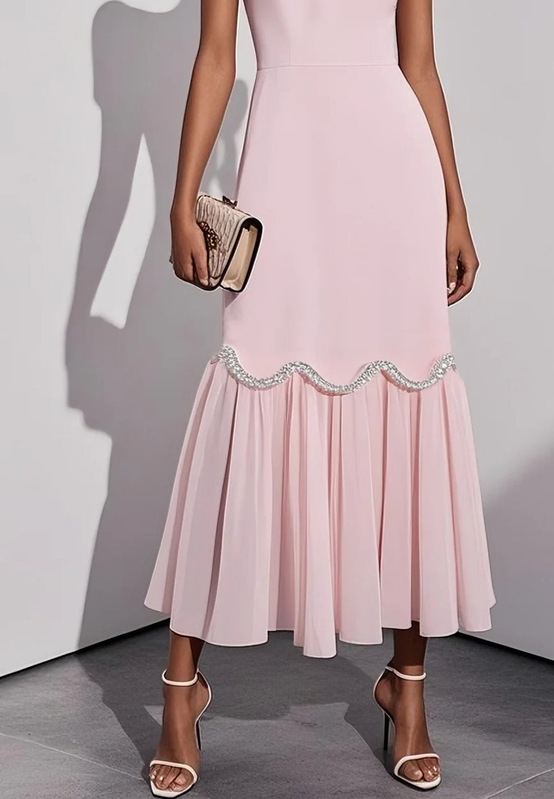 Pink Rhinestone Classic Sweetheart Neckline Sleeveless A-Line Maxi Dress