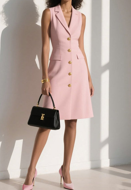 Pink Shawl Collar Sleeveless A-Line Midi Blazer Dress