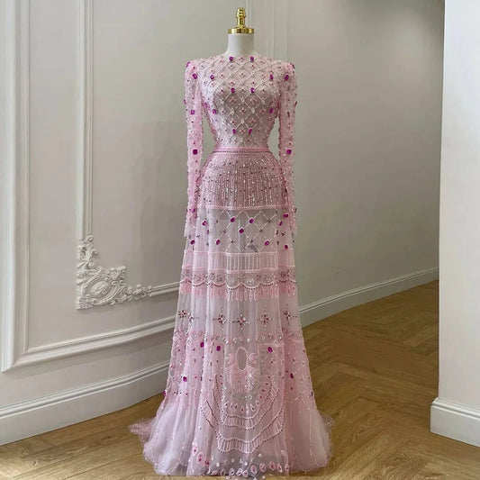 Elegant Pink Crystal Beaded Long Sleeve Evening Dress