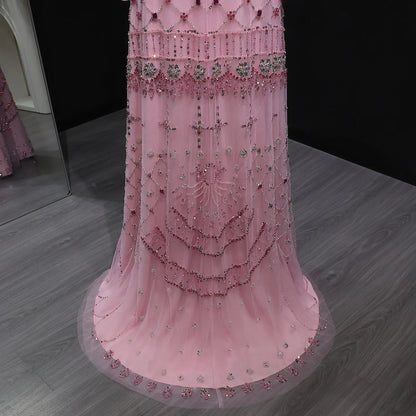 Elegant Pink Crystal Beaded Long Sleeve Evening Dress