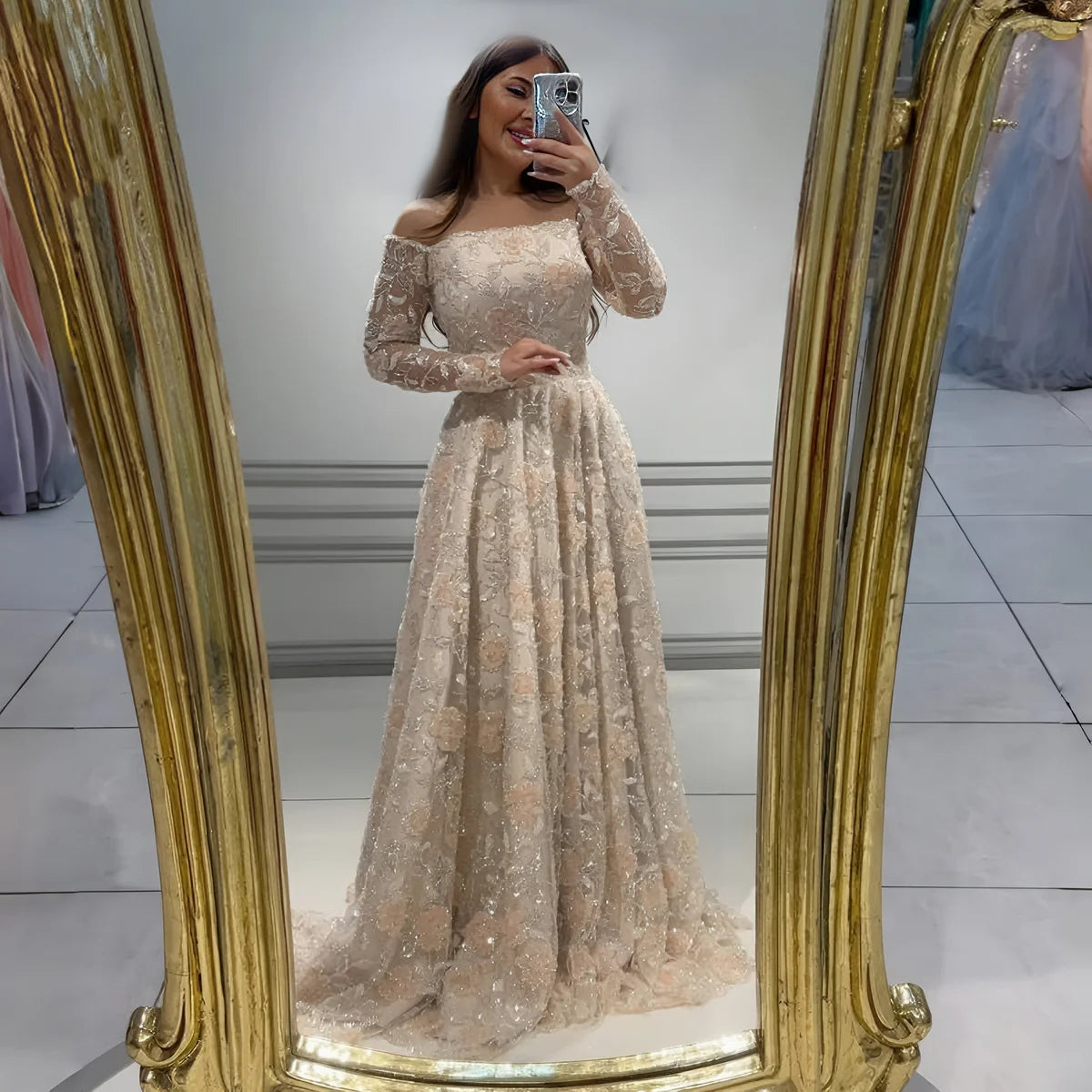 Luxury Pink Beaded Embroidered Long Sleeve Evening Dress