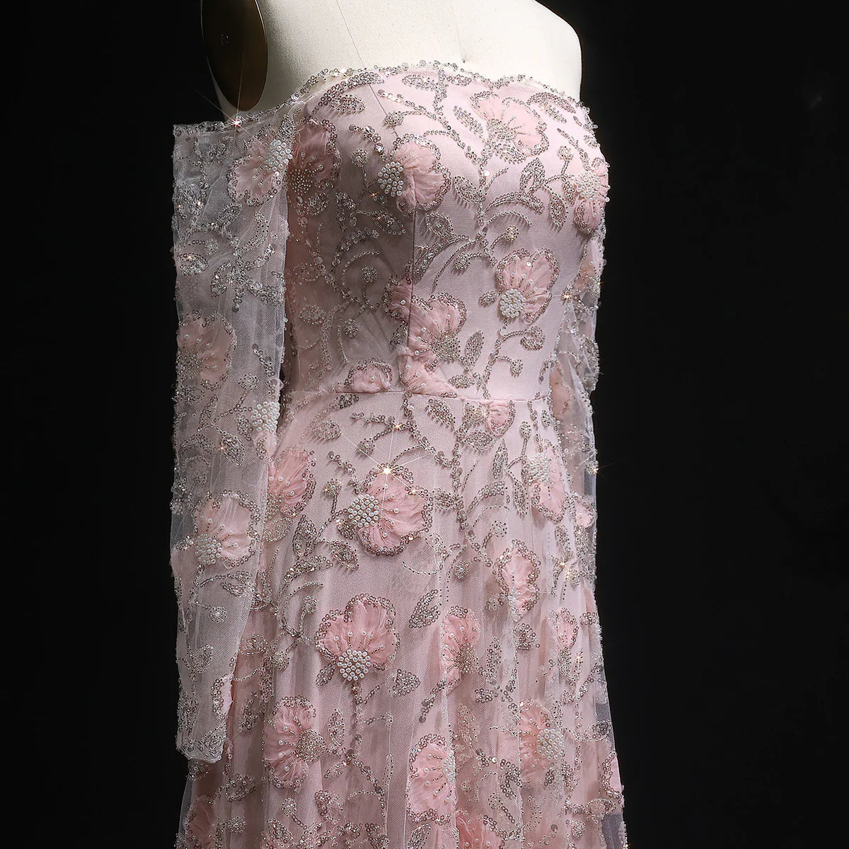 Luxury Pink Beaded Embroidered Long Sleeve Evening Dress