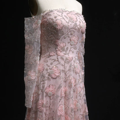 Luxury Pink Beaded Embroidered Long Sleeve Evening Dress