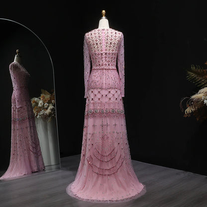 Elegant Pink Crystal Beaded Long Sleeve Evening Dress