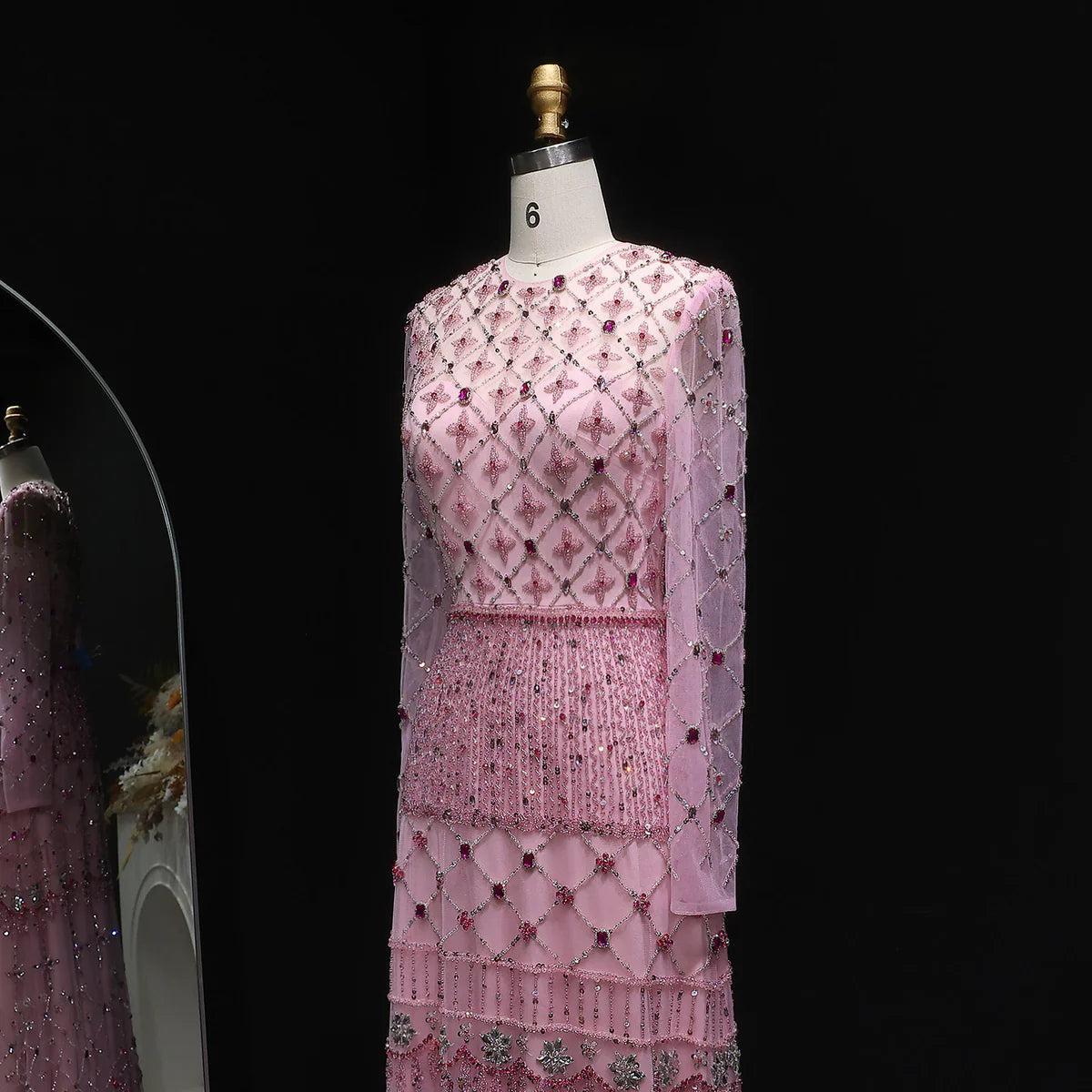 Elegant Pink Crystal Beaded Long Sleeve Evening Dress