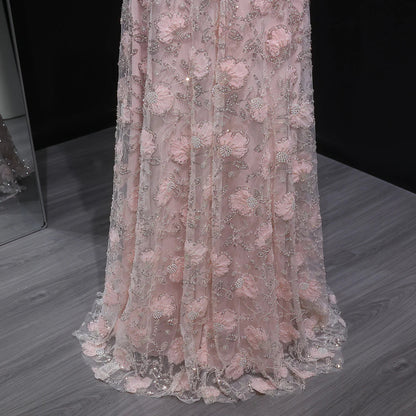 Luxury Pink Beaded Embroidered Long Sleeve Evening Dress