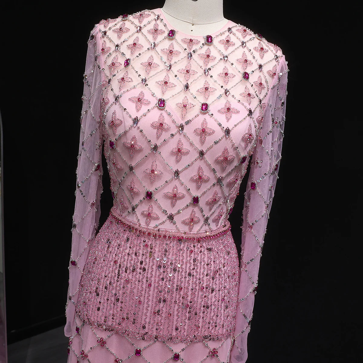 Elegant Pink Crystal Beaded Long Sleeve Evening Dress
