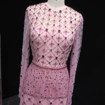Elegant Pink Crystal Beaded Long Sleeve Evening Dress