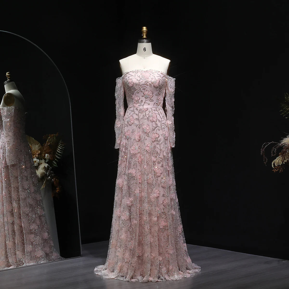 Luxury Pink Beaded Embroidered Long Sleeve Evening Dress