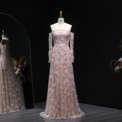 Luxury Pink Beaded Embroidered Long Sleeve Evening Dress