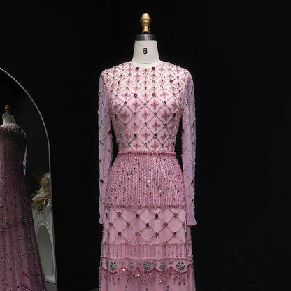 Elegant Pink Crystal Beaded Long Sleeve Evening Dress