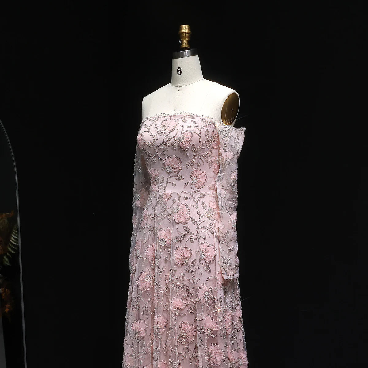 Luxury Pink Beaded Embroidered Long Sleeve Evening Dress