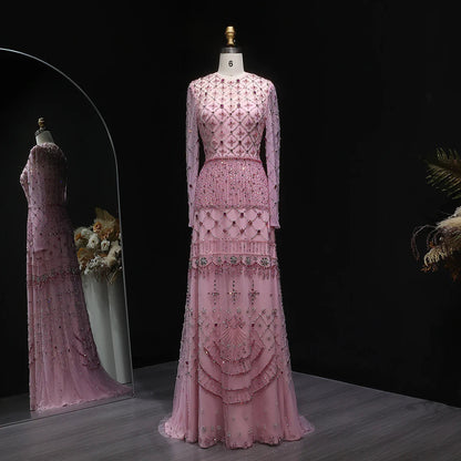 Elegant Pink Crystal Beaded Long Sleeve Evening Dress