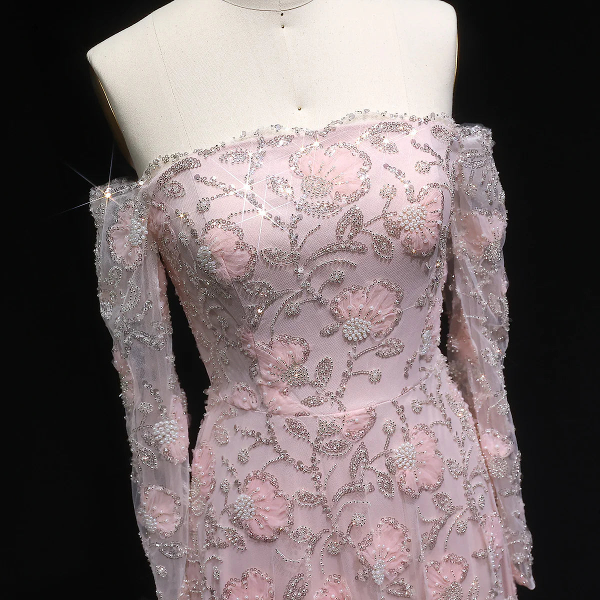 Luxury Pink Beaded Embroidered Long Sleeve Evening Dress