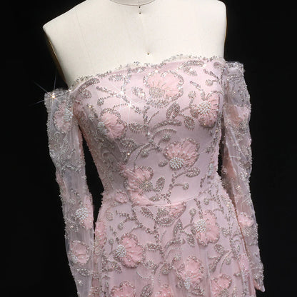 Luxury Pink Beaded Embroidered Long Sleeve Evening Dress