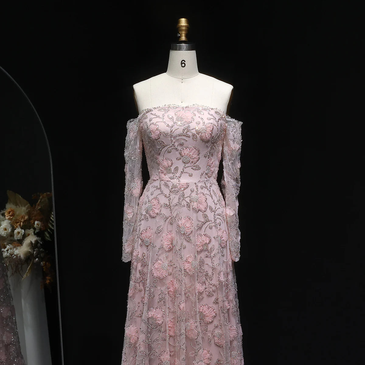 Luxury Pink Beaded Embroidered Long Sleeve Evening Dress