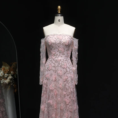 Luxury Pink Beaded Embroidered Long Sleeve Evening Dress