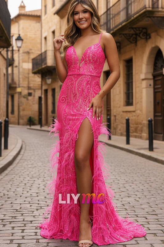 Jade Sequin Lace V Neck Mermaid Prom Dresses with Feather