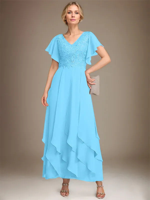 A-line V-Neck Ankle-Length Lace Chiffon Mother of the Bride Dress With Cascading Ruffles