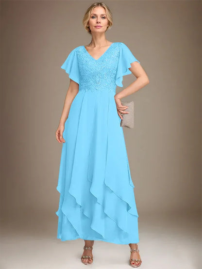 A-line V-Neck Ankle-Length Lace Chiffon Mother of the Bride Dress With Cascading Ruffles