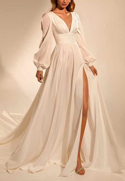 V-Neck Long Sleeves Pleated High Slit A-Line Beach Wedding Dress