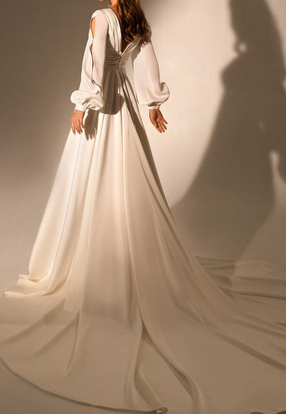 V-Neck Long Sleeves Pleated High Slit A-Line Beach Wedding Dress