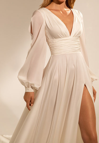 V-Neck Long Sleeves Pleated High Slit A-Line Beach Wedding Dress