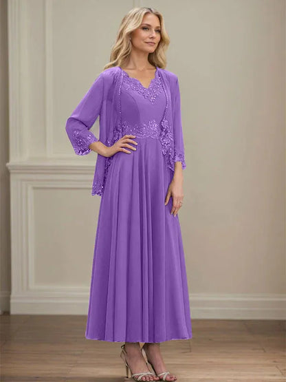 A-line V-Neck Ankle-Length Chiffon Mother of the Bride Dress With Sequins Appliques Lace Beading