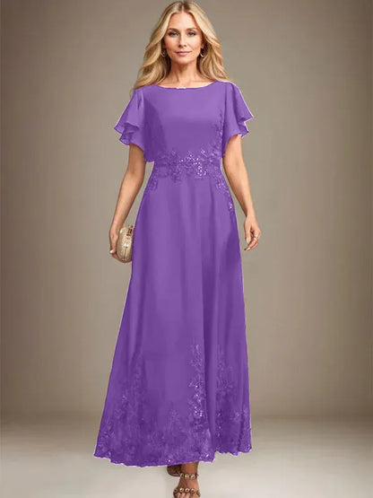 A-line Scoop Ankle-Length Lace Chiffon Mother of the Bride Dress With Sequins