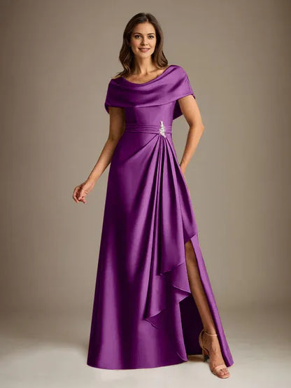 A-Line Scoop Floor-Length Stretch Satin Mother of the Bride Dress With Cascading Ruffles