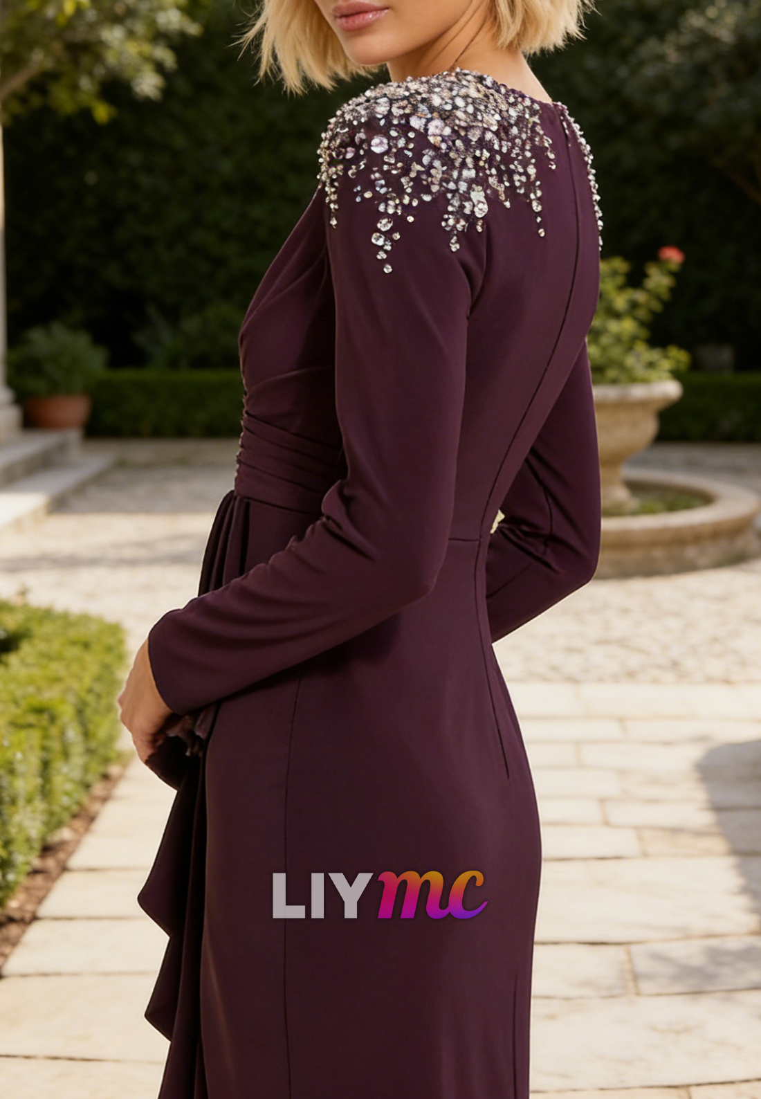 Purple Long Sleeve Gown with Cascading Ruffle & Rhinestone Shoulders Evening Dress