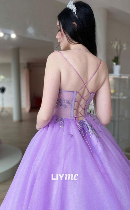 LP1895 - Purple V-Neck Tulle Lace Long Prom Dress Purple Tulle Formal Dress