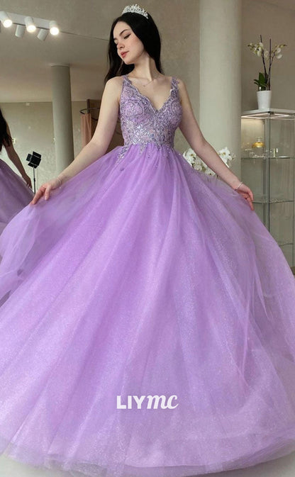 LP1895 - Purple V-Neck Tulle Lace Long Prom Dress Purple Tulle Formal Dress