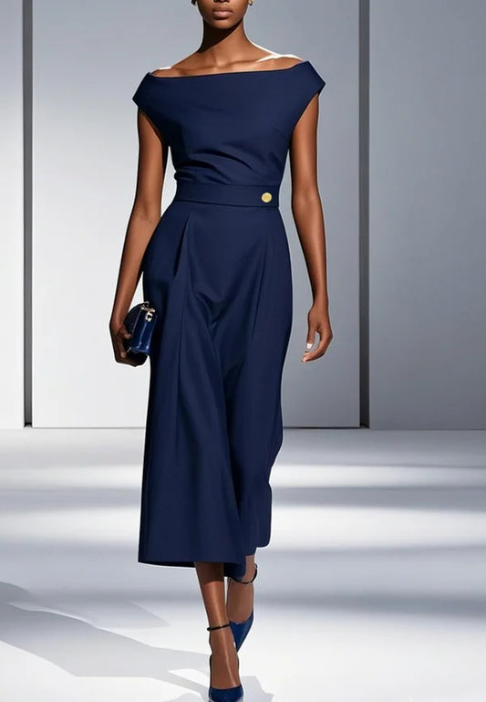 Purplish blue Buckle Classic Off The Shoulder Cap Sleeve A-Line Midi Dress