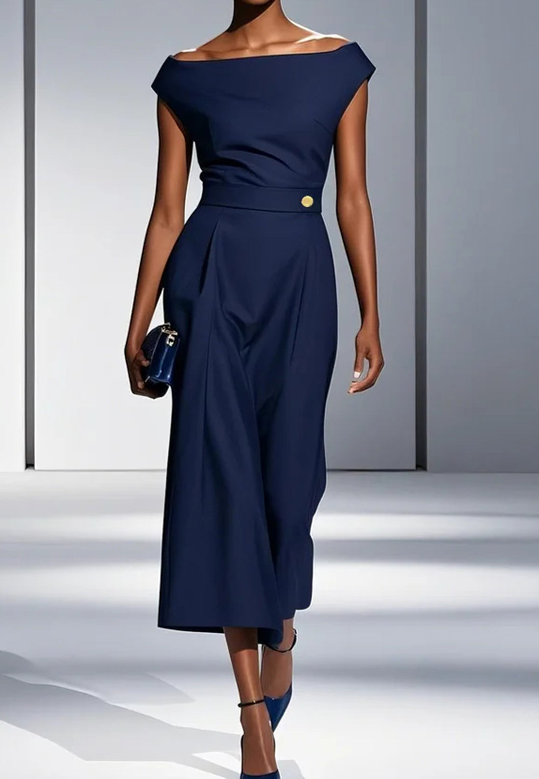 Purplish blue Buckle Classic Off The Shoulder Cap Sleeve A-Line Midi Dress