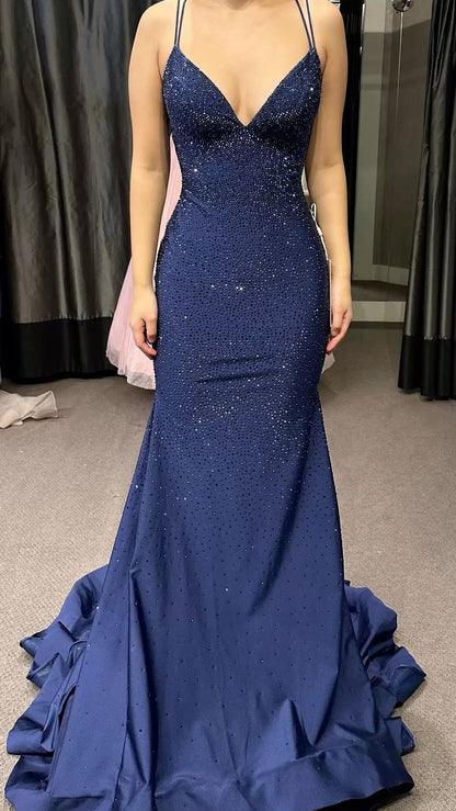 Modest Trendy Mermaid Spaghetti Straps Navy Blue Sequins Prom Dresses Style Long Senior High School Dance Party Dress RB1177