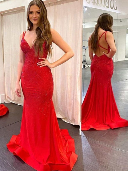 Modest Trendy Mermaid Spaghetti Straps Navy Blue Sequins Prom Dresses Style Long Senior High School Dance Party Dress RB1177