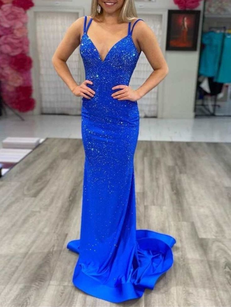 Modest Trendy Mermaid Spaghetti Straps Navy Blue Sequins Prom Dresses Style Long Senior High School Dance Party Dress RB1177