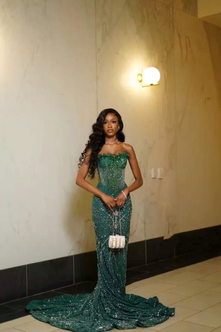 green dress with beads Decorated with beads green dress – Zayna Dresses main image 0