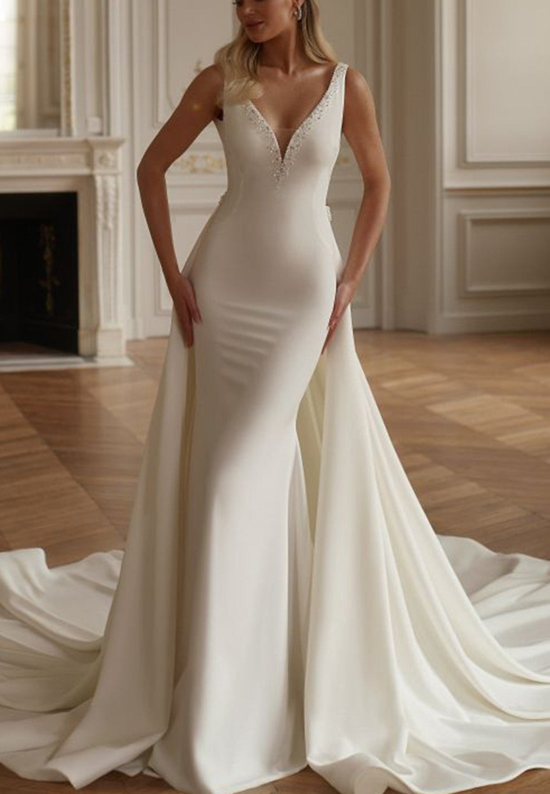V-Neck Straps Appliques Sleek Removable Train Mermaid Wedding Dress