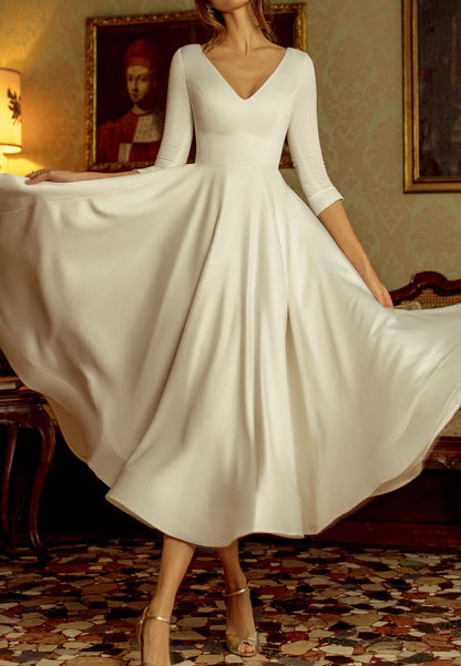 V-Neck Long Sleeves Pleated Sleek A-Line Beach Wedding Dress