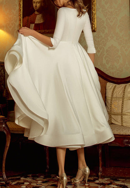 V-Neck Long Sleeves Pleated Sleek A-Line Beach Wedding Dress