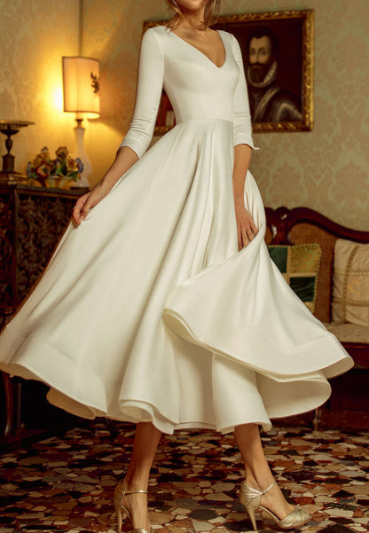 V-Neck Long Sleeves Pleated Sleek A-Line Beach Wedding Dress